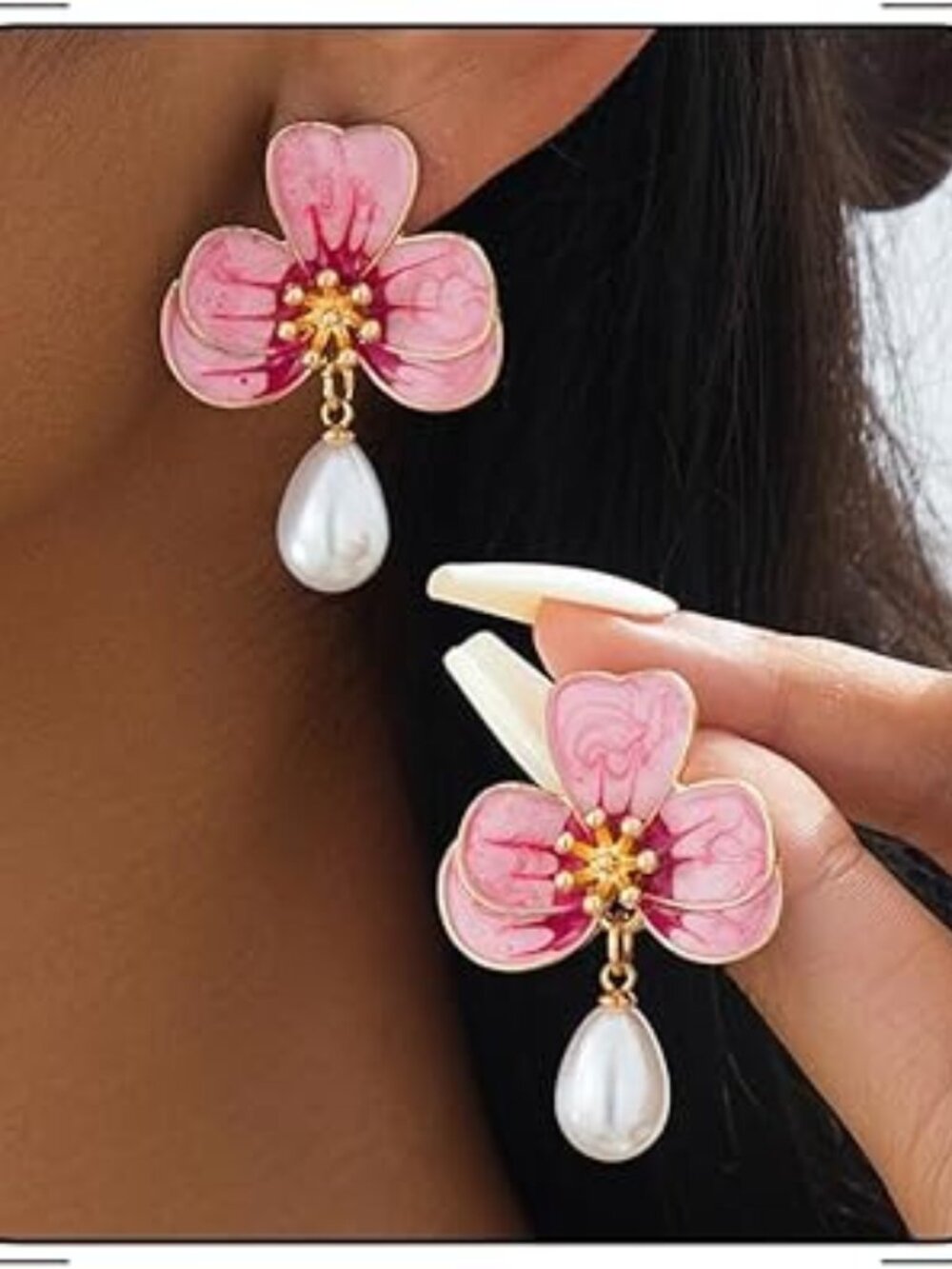 Flower Earrings with Pearl's Pretty Pink Petals‎ Dangle Drop